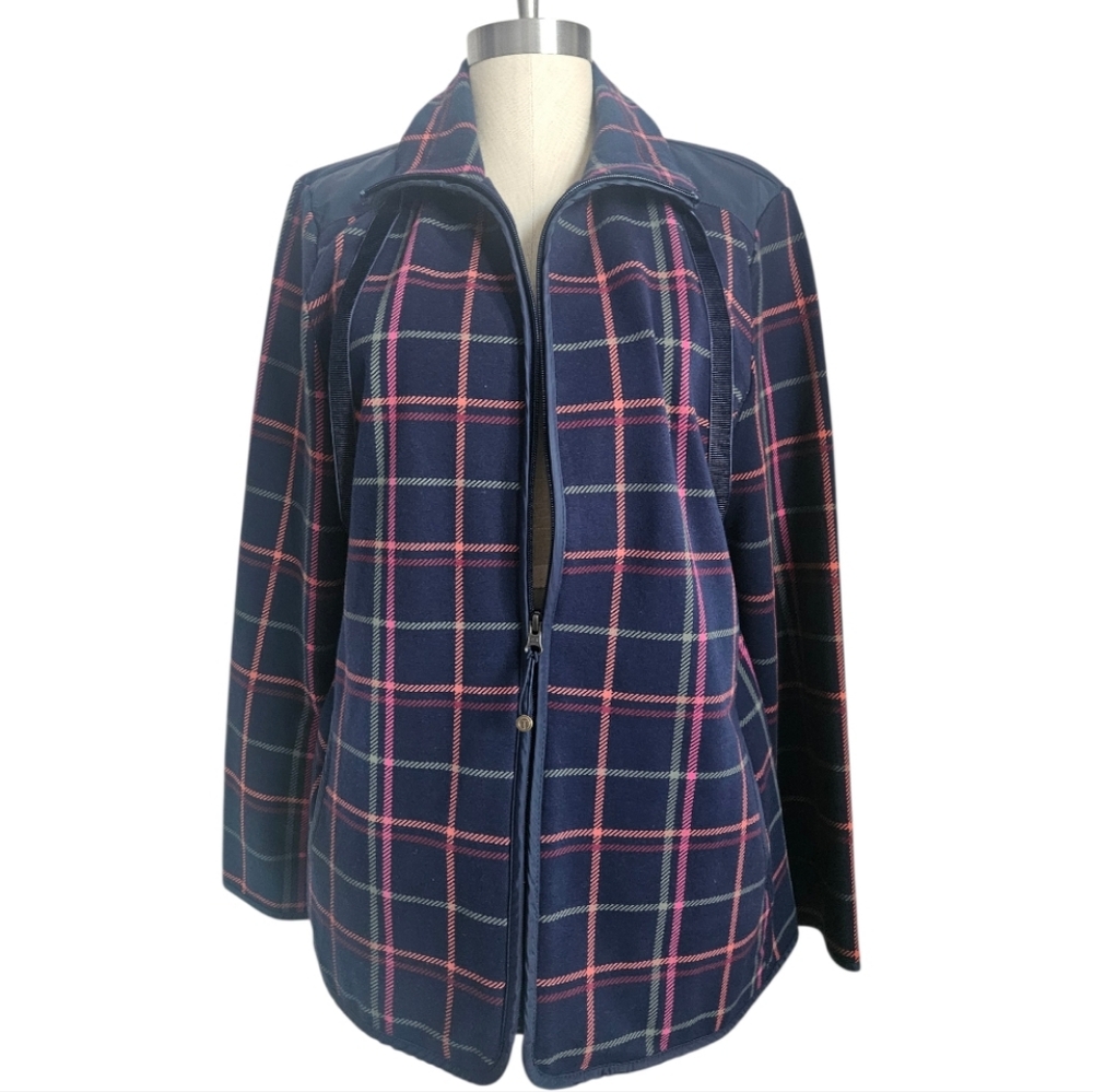 TALBOTS Pink & Green Tattersall Plaid Navy Fleece Field Jacket | SZ L - Picture 4 of 16